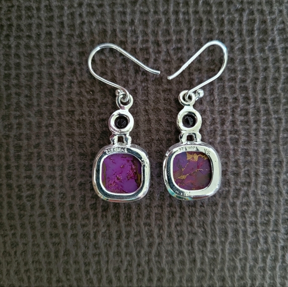 Shivam Square Shaped Purple💜 Copper Turquoise With Gold💛 Veins Earrings - Picture 5 of 16
